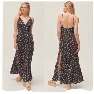 Capulet Odille Black Floral Side-Slit Maxi Dress Spaghetti Straps Sundress